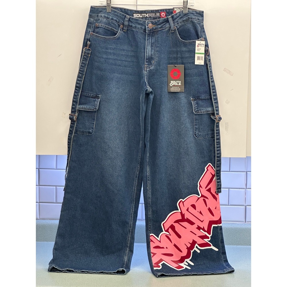 Southpole Mens Wide Leg Graffiti Jeans Skater Hip Hop Baggy 30x32(34x30.5Actual)